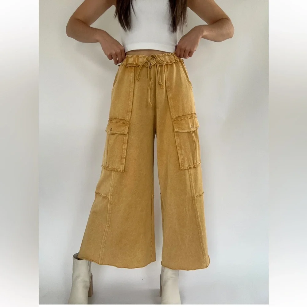 111. NWT easel Mustard Yellow Wide-Leg Cargo Pants - Picture 2 of 5